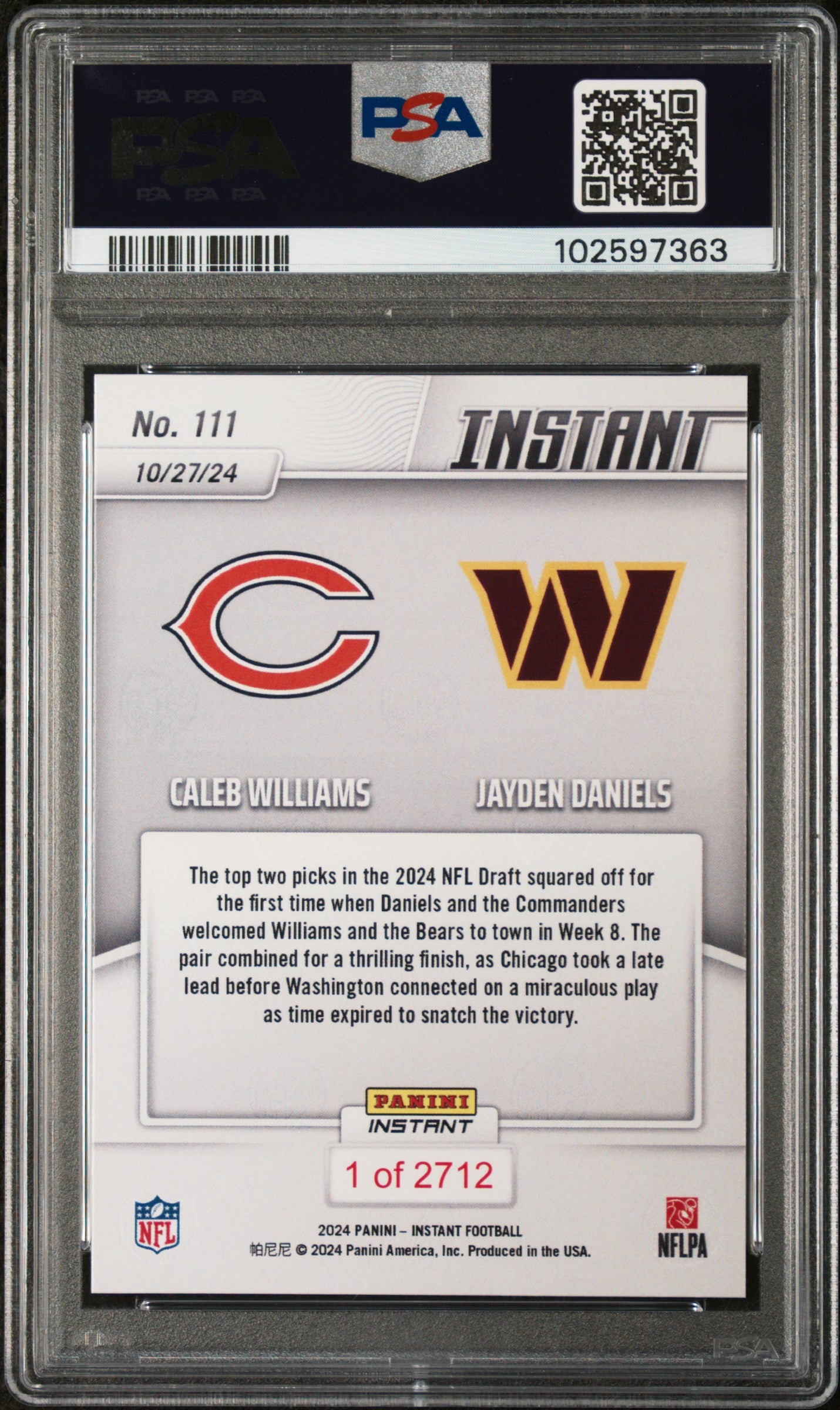 Graded 2024 Panini Instant NFL Jayden Daniels/Caleb Williams #111 Rookie RC Football Card PSA 8 Near Mint