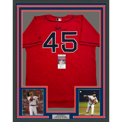 Framed Autographed/Signed Pedro Martinez 35x39 "CY 97-99-00" Boston Red Baseball Jersey JSA COA