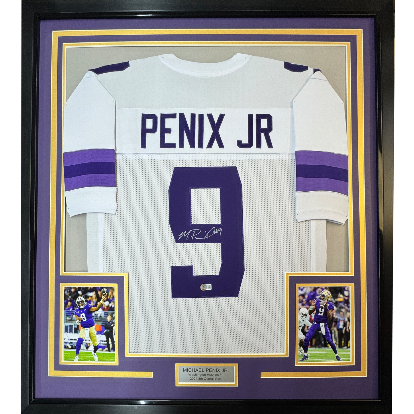 Framed Autographed/Signed Michael Penix Jr. 35x39 Washington Huskies White College Football Jersey Beckett BAS COA