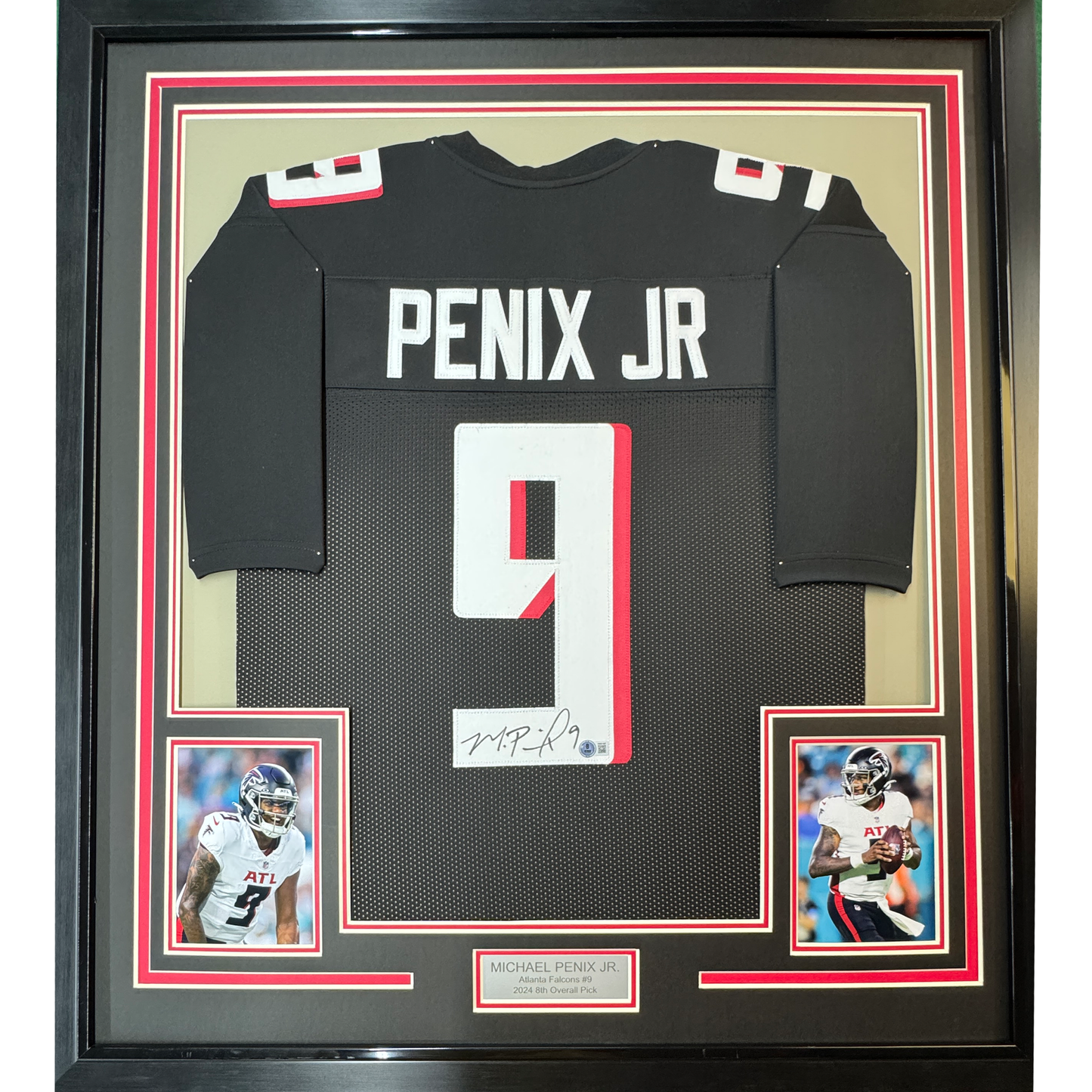 Framed Autographed/Signed Michael Penix Jr. 35x39 Atlanta Black Football Jersey Beckett BAS COA