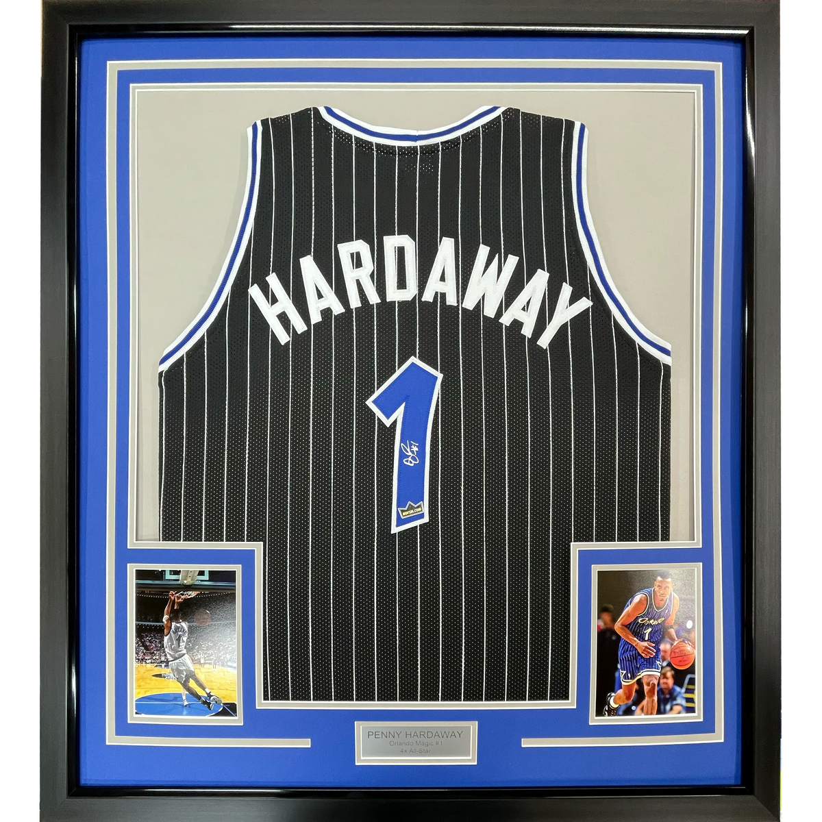 Framed Facsimile Autographed Anfernee Penny Hardaway 35x39 Orlando Black Pinstripe Reprint Laser Auto Basketball Jersey