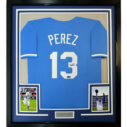 Framed Facsimile Autographed Salvador Perez 35x39 Kansas City Blue Reprint Laser Auto Baseball Jersey