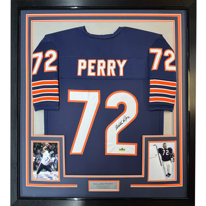 Framed Facsimile Autographed William Perry 35x39 The Refrigerator Chicago Blue Reprint Laser Auto Football Jersey