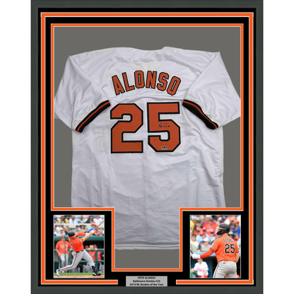 Framed Facsimile Autographed Pete Alonso 35x39 Baltimore White Reprint Laser Auto Baseball Jersey
