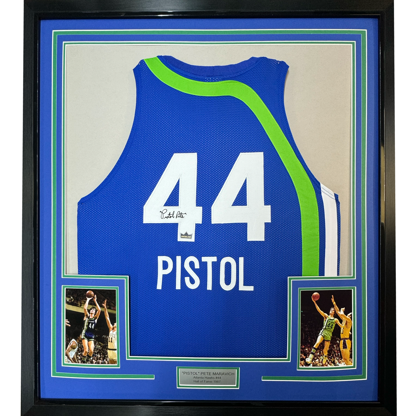 Framed Facsimile Autographed Pistol Pete Maravich 35x39 Atlanta Blue Reprint Laser Auto Basketball Jersey