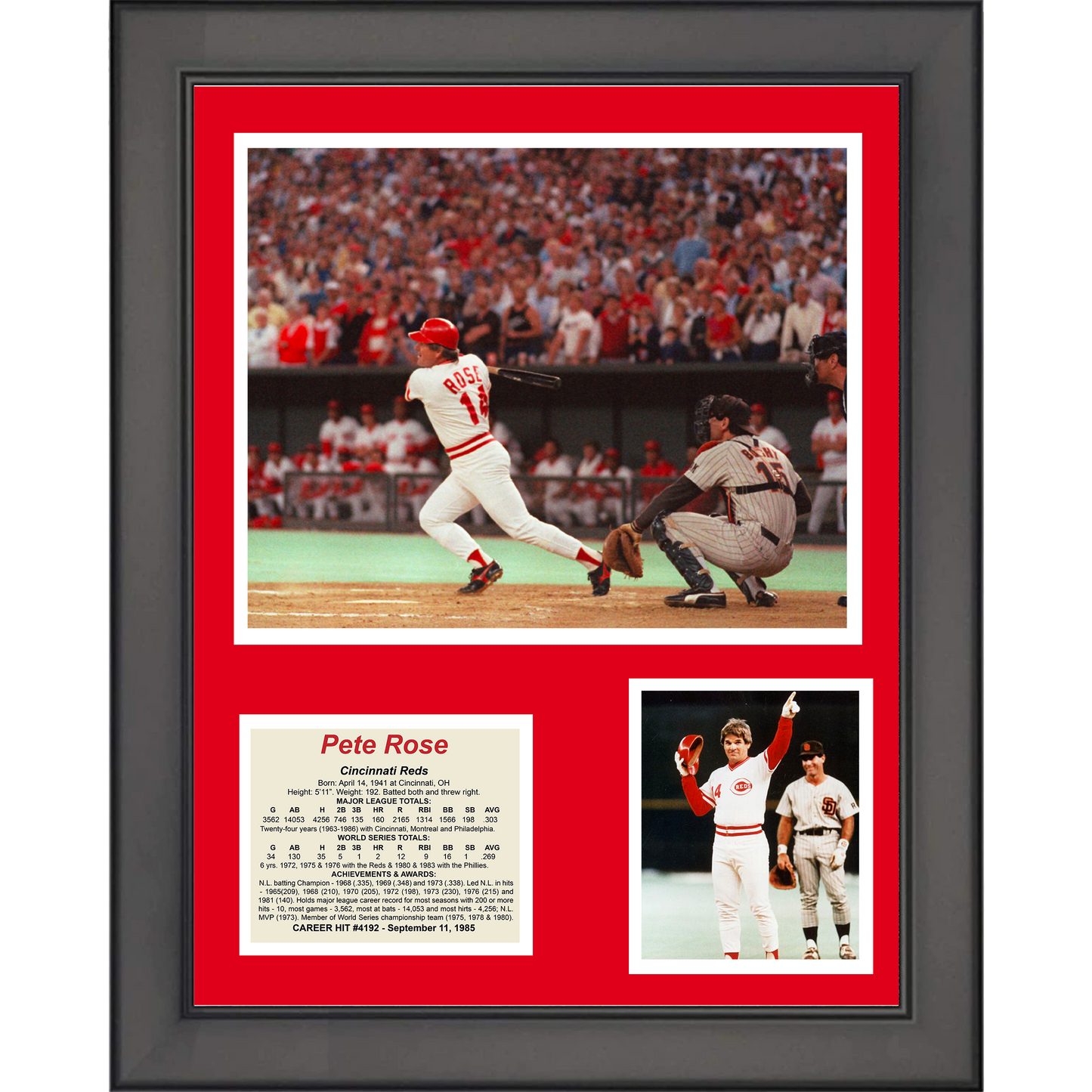 Framed Pete Rose 4,192 Hits Record Cincinnati Reds 11"x14" Baseball Three Photo Collage