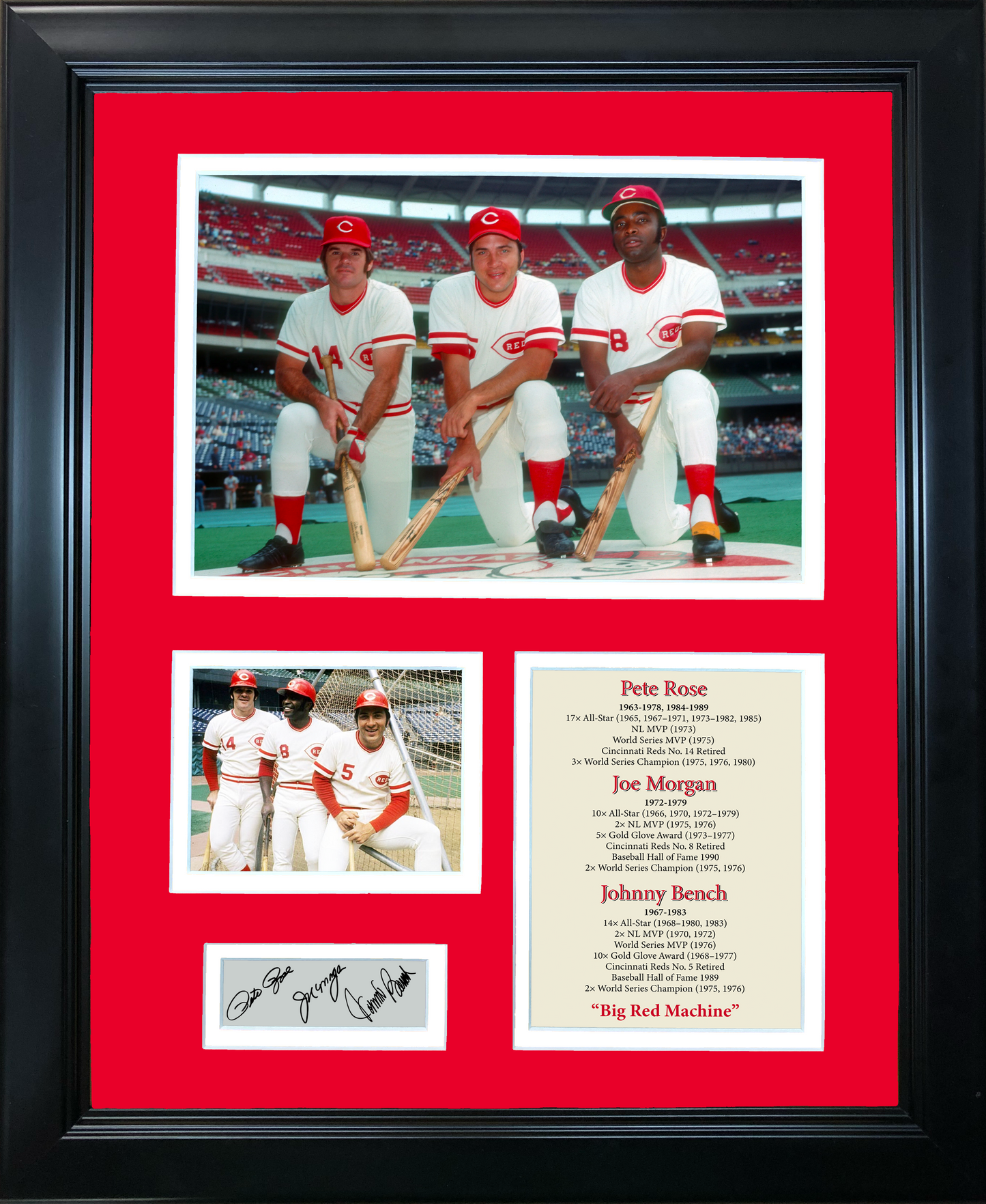 Framed Pete Rose, Joe Morgan & Johnny Bench  Big Red Machine  Cincinnati Reds Facsimile Laser Engraved Signature Auto 11"x14" Baseball Photo Sig Collage
