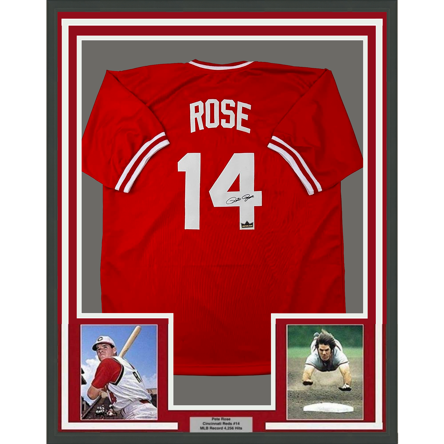 Framed Facsimile Autographed Pete Rose 35x39 Cincinnati Red Reprint Laser Auto Baseball Jersey