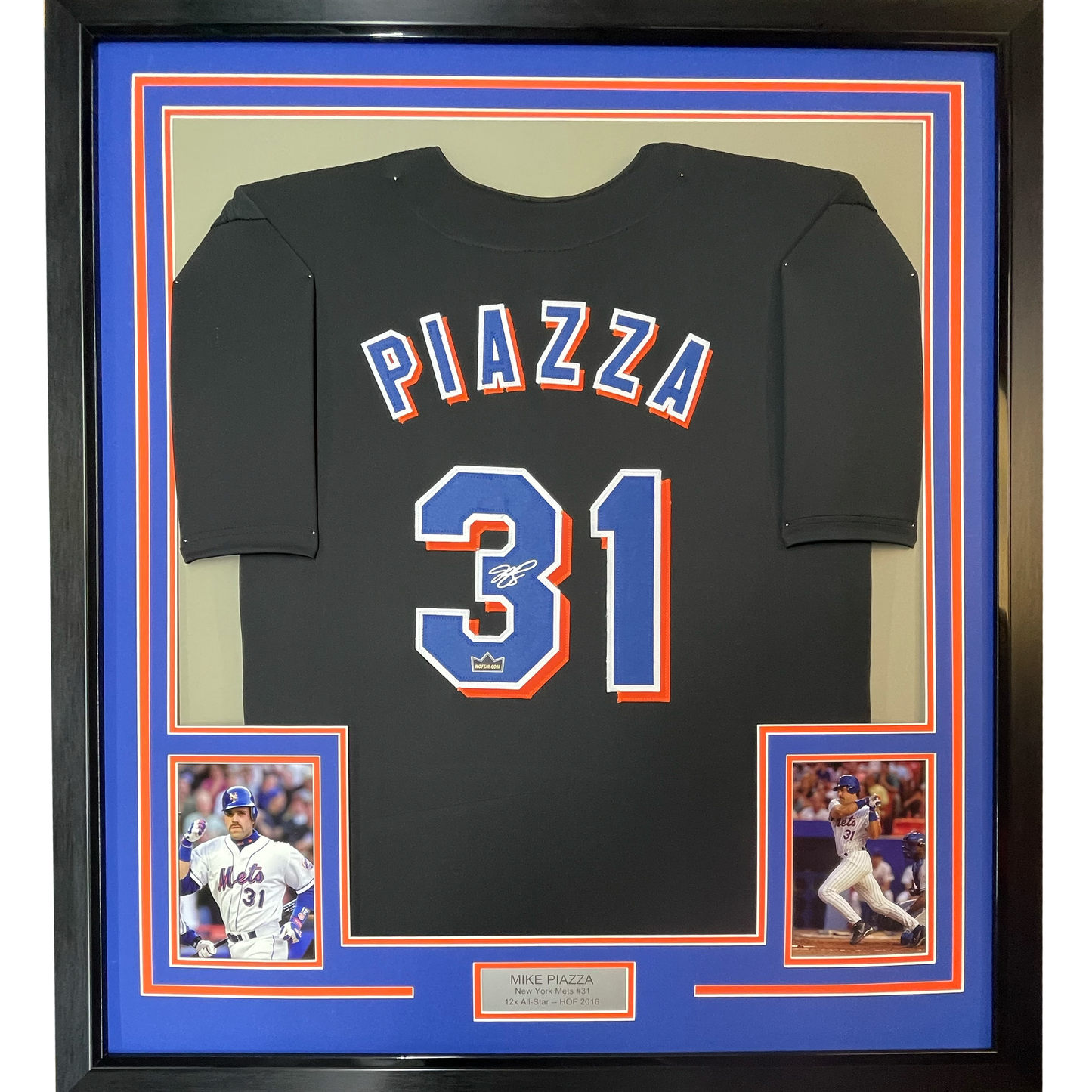 Framed Facsimile Autographed Mike Piazza 35x39 New York Black Reprint Laser Auto Baseball Jersey