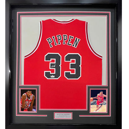 Framed Facsimile Autographed Scottie Pippen 35x39 Chicago Red Reprint Laser Auto Basketball Jersey