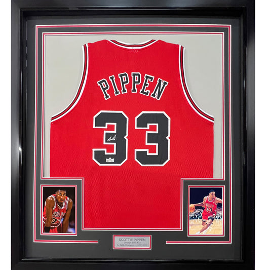 Framed Facsimile Autographed Scottie Pippen 35x39 Chicago Red Reprint Laser Auto Basketball Jersey