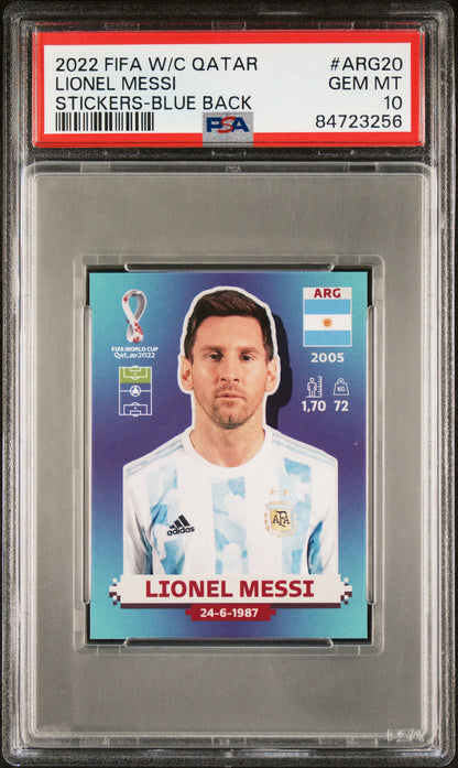 Graded 2022 Panini World Cup Qatar Lionel Messi #ARG20 Stickers Blue Back Soccer Card PSA 10 Gem Mint