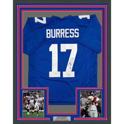 Framed Autographed/Signed Plaxico Burress 35x39 New York Blue Football Jersey JSA COA