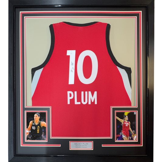 Framed Autographed/Signed Kelsey Plum 35x39 Las Vegas Red Basketball Jersey JSA COA