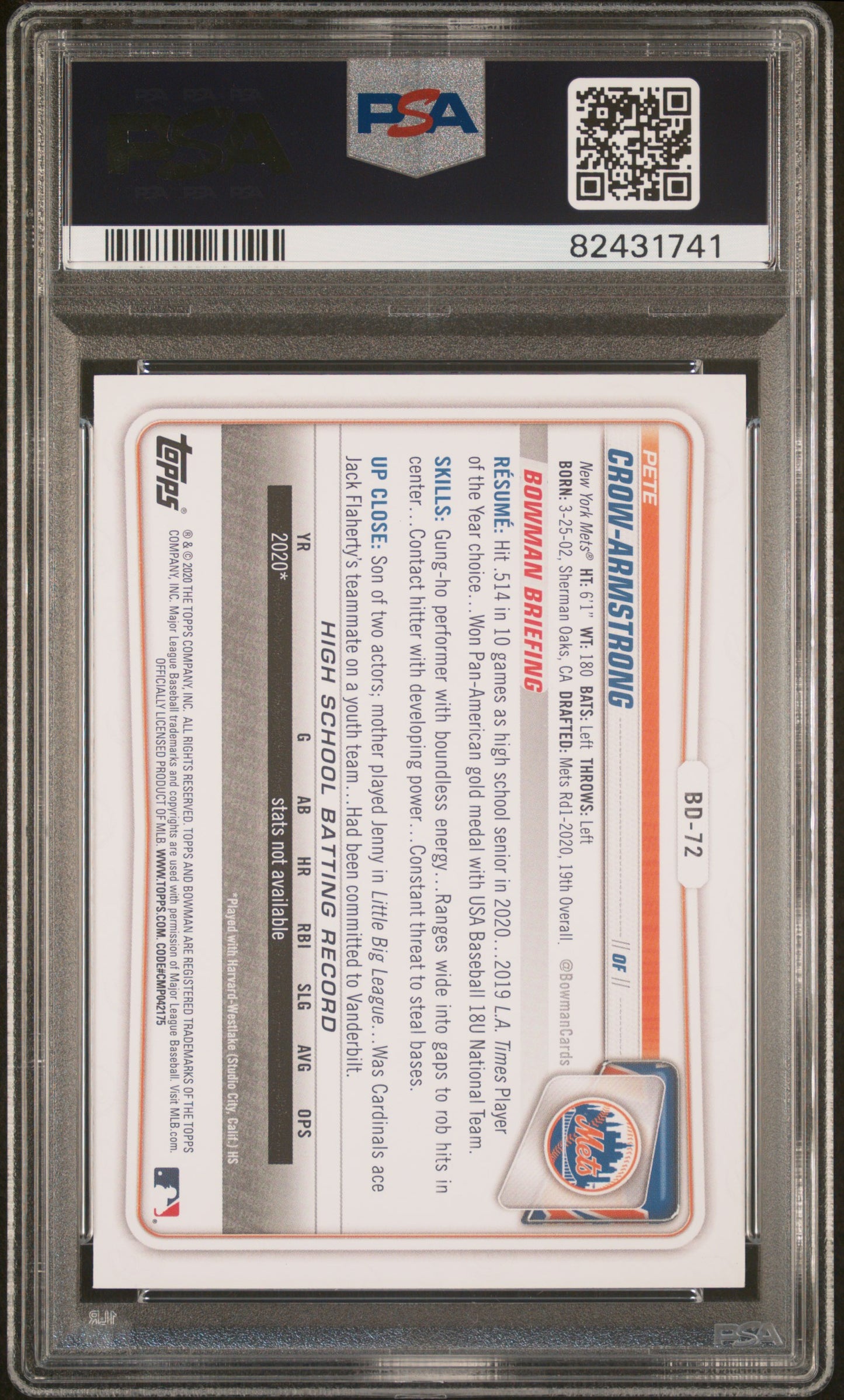 Graded 2020 Topps Bowman Draft Pete Crow Armstrong #BD72 Rookie RC Baseball Card PSA 10 Gem Mint