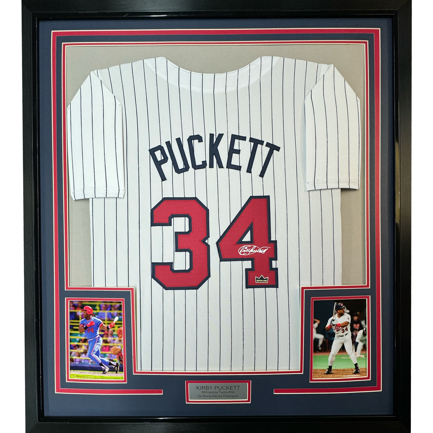 Framed Facsimile Autographed Kirby Puckett 35x39 Minnesota Pinstripe Reprint Laser Auto Baseball Jersey