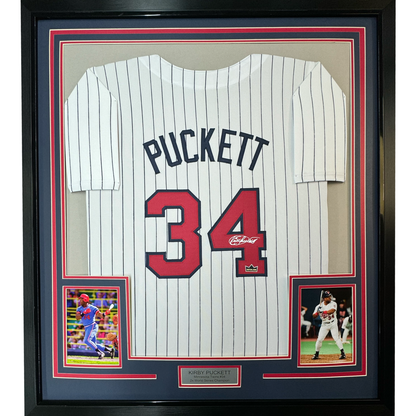 Framed Facsimile Autographed Kirby Puckett 35x39 Minnesota Pinstripe Reprint Laser Auto Baseball Jersey