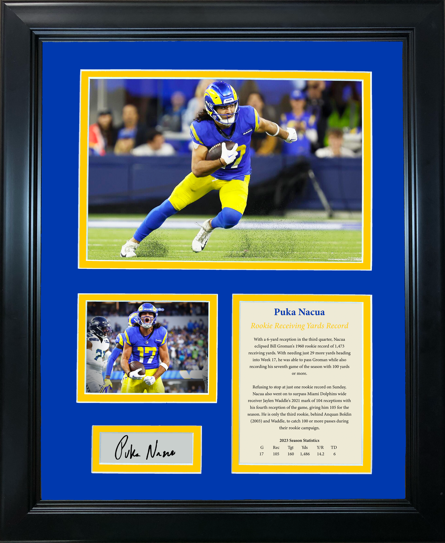 Framed Puka Nacua Rookie Receiving Yards Record Facsimile Laser Engraved Signature Auto Los Angeles Rams 11"x14"Photo Sig Collage