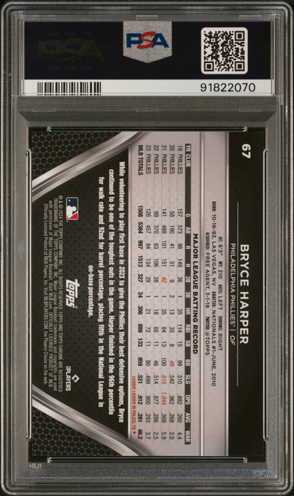 Graded 2024 Topps Chrome Black Bryce Harper #67 Orange #/25 Baseball Card PSA 10 Gem Mint
