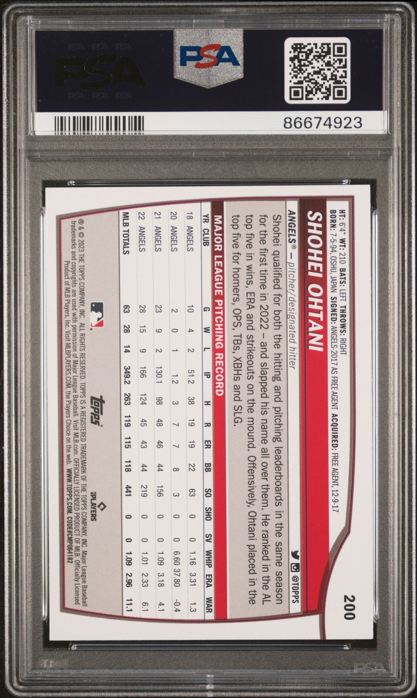 Graded 2023 Topps Big League Shohei Ohtani #200 Baseball Card PSA 9 Mint