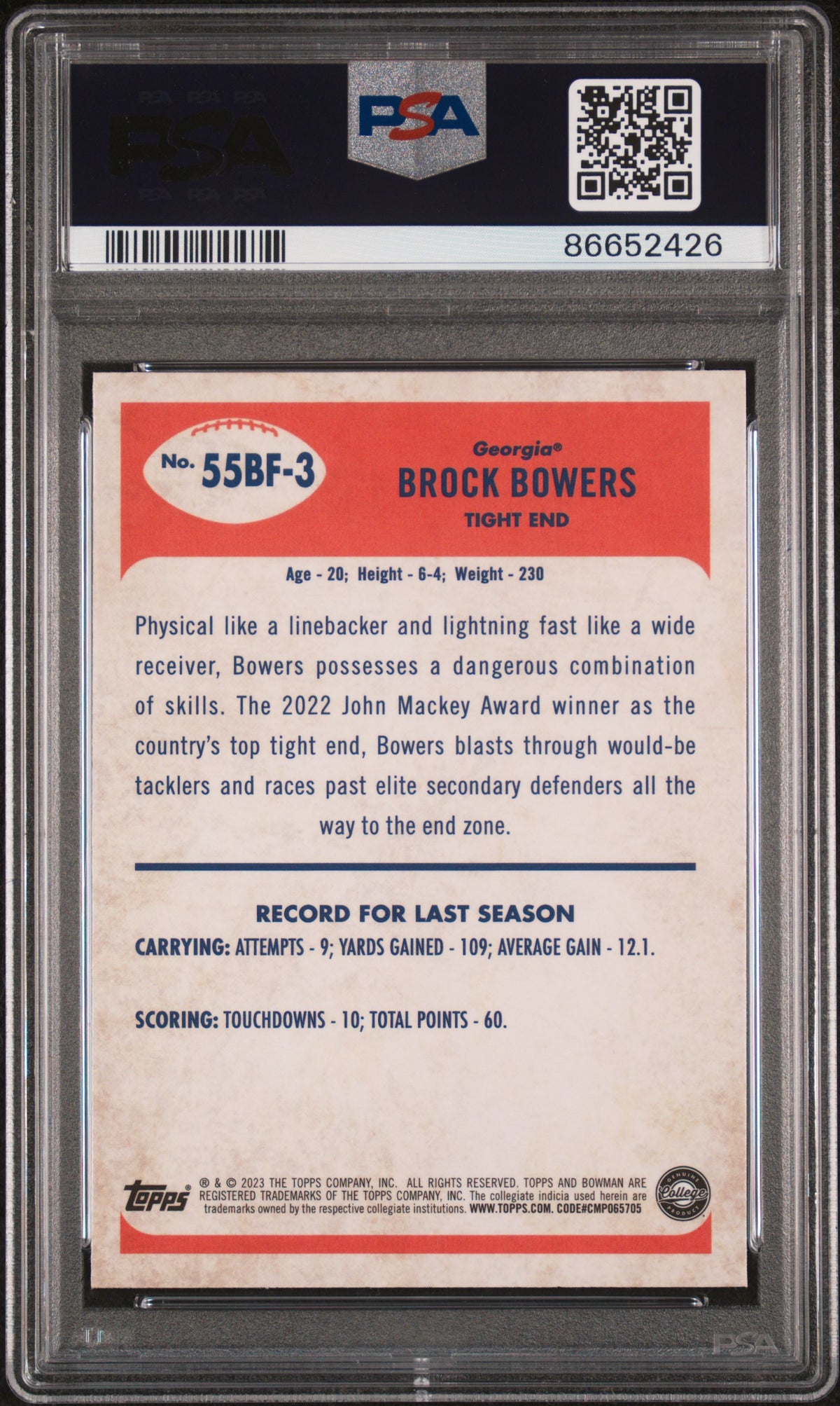 Graded 2023 Topps Bowman U Chrome Brock Bowers #55BF3 1955 Bowman Rookie RC Football Card PSA 10 Gem Mint