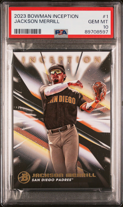 Graded 2023 Topps Bowman Inception Jackson Merrill #1 Rookie RC Baseball Card PSA 10 Gem Mint