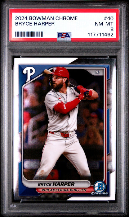 Graded 2024 Topps Bowman Chrome Bryce Harper #40 Baseball Card PSA 8 Near Mint