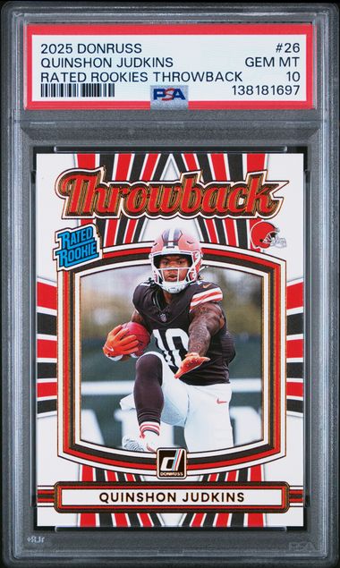 Graded 2025 Panini Donruss Quinshon Judkins #26 Rated Rookies Throwback Rookie RC Football Card PSA 10 Gem Mint