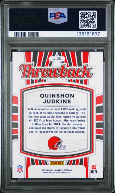 Graded 2025 Panini Donruss Quinshon Judkins #26 Rated Rookies Throwback Rookie RC Football Card PSA 10 Gem Mint