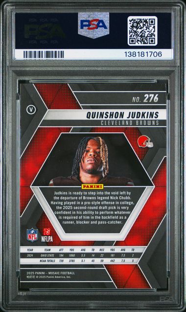 Graded 2025 Panini Mosaic Quinshon Judkins #276 Variation Rookie RC Football Card PSA 10 Gem Mint