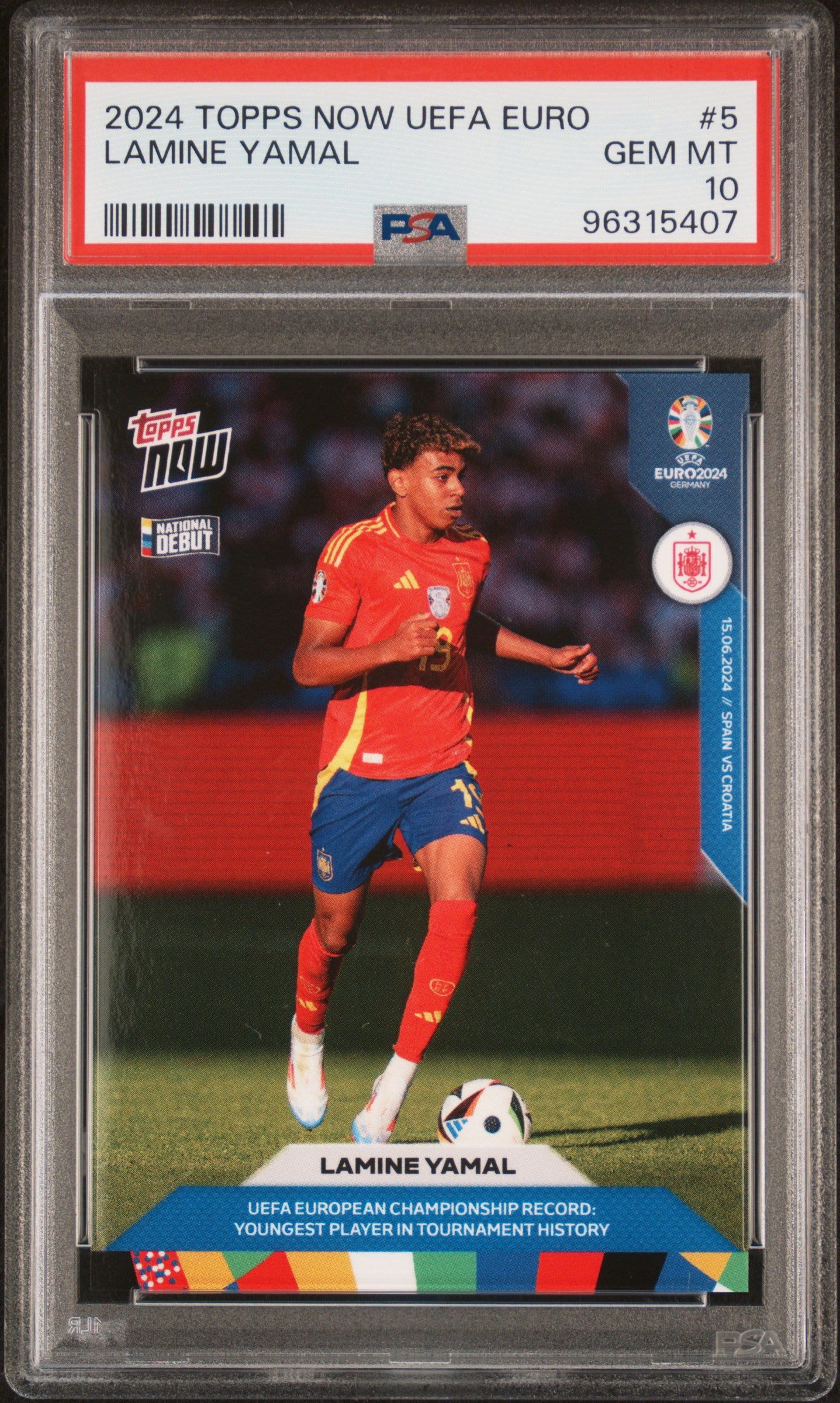 Graded 2024 Topps Now Lamine Yamal #5 UEFA Euro Championship Record: Youngest Player in Tournament History Rookie RC Soccer Card PSA 10 Gem Mint