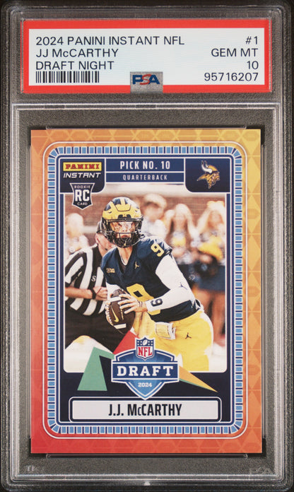 Graded 2024 Panini Instant NFL JJ McCarthy #1 Draft Night Rookie RC Football Card PSA 10 Gem Mint