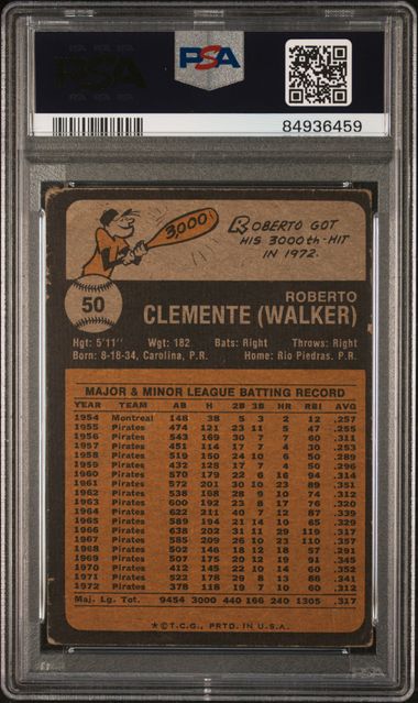 Graded 1973 Topps Roberto Clemente #50 Baseball Card PSA 1
