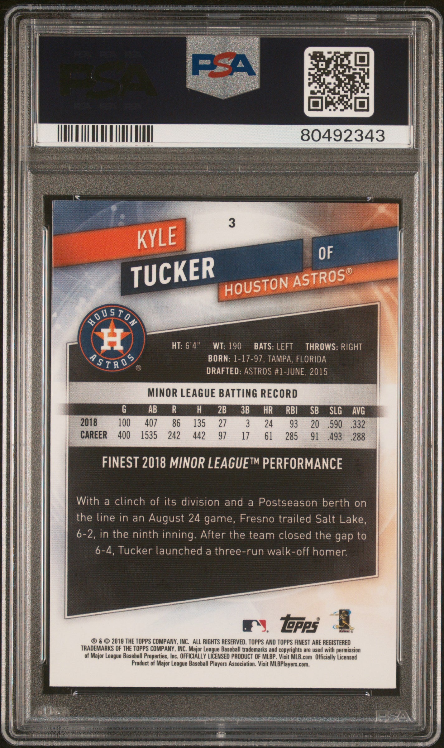 Graded 2019 Topps Finest Kyle Tucker #3 Rookie RC Baseball Card PSA 10 Gem Mint