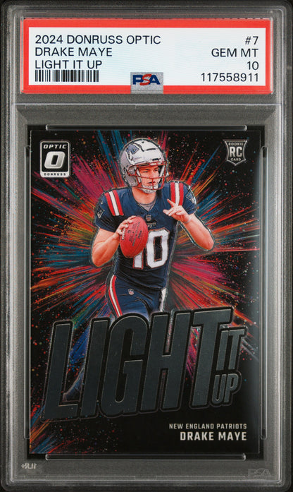 Graded 2024 Panini Donruss Optic Drake Maye #7 Light It Up Rookie RC Football Card PSA 10 Gem Mint
