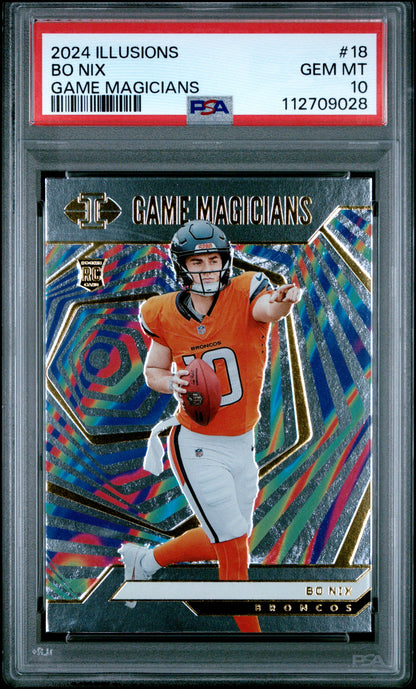 Graded 2024 Panini Illusions Bo Nix #18 Game Magicians Rookie RC Football Card PSA 10 Gem Mint