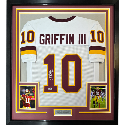 Framed Facsimile Autographed Robert Griffin III 35x39 Washington White Reprint Laser Auto Football Jersey