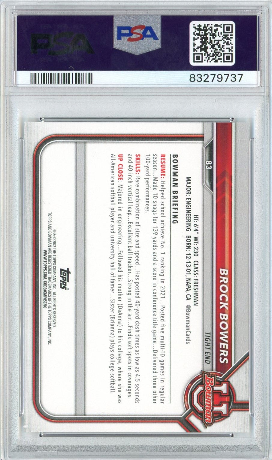 Graded 2021 Bowman University Brock Bowers #83 Paper Prospects Rookie RC Football Card PSA 10