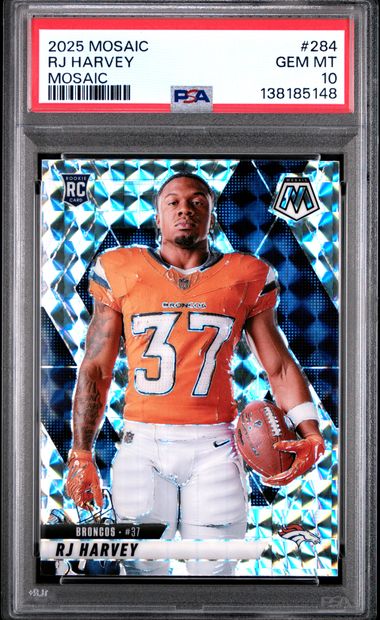 Graded 2025 Panini Mosaic RJ Harvey #284 Mosaic Variation Rookie RC Football Card PSA 10 Gem Mint