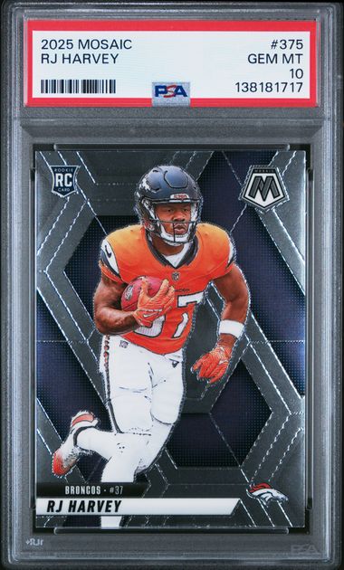 Graded 2025 Panini Mosaic RJ Harvey #375 Rookie RC Football Card PSA 10 Gem Mint