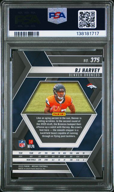 Graded 2025 Panini Mosaic RJ Harvey #375 Rookie RC Football Card PSA 10 Gem Mint