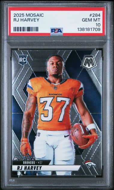 Graded 2025 Panini Mosaic RJ Harvey #284 Variation Rookie RC Football Card PSA 10 Gem Mint