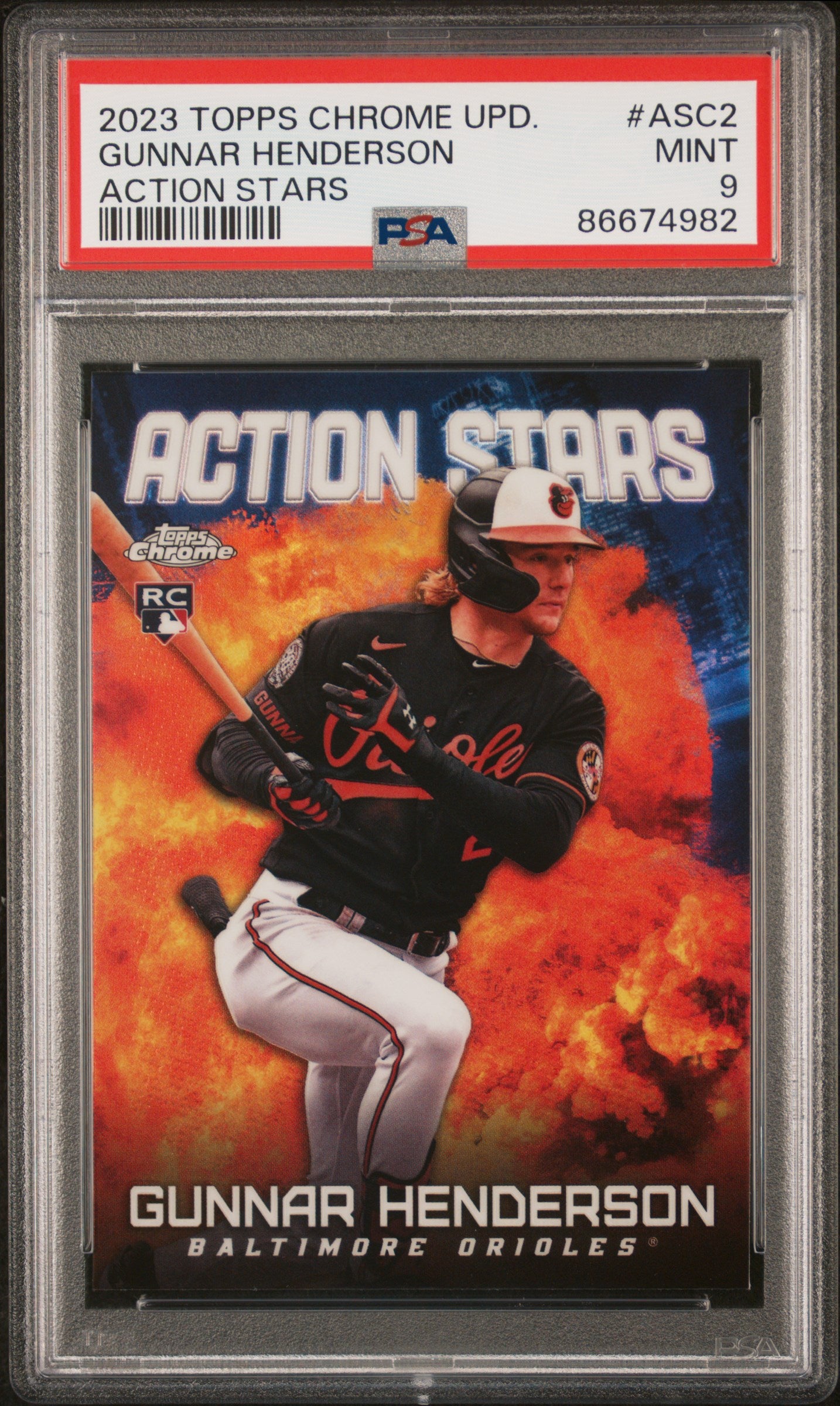 Graded 2023 Topps Chrome Update Gunnar Henderson #ASC2 Action Stars Rookie RC Baseball Card PSA 9 Mint