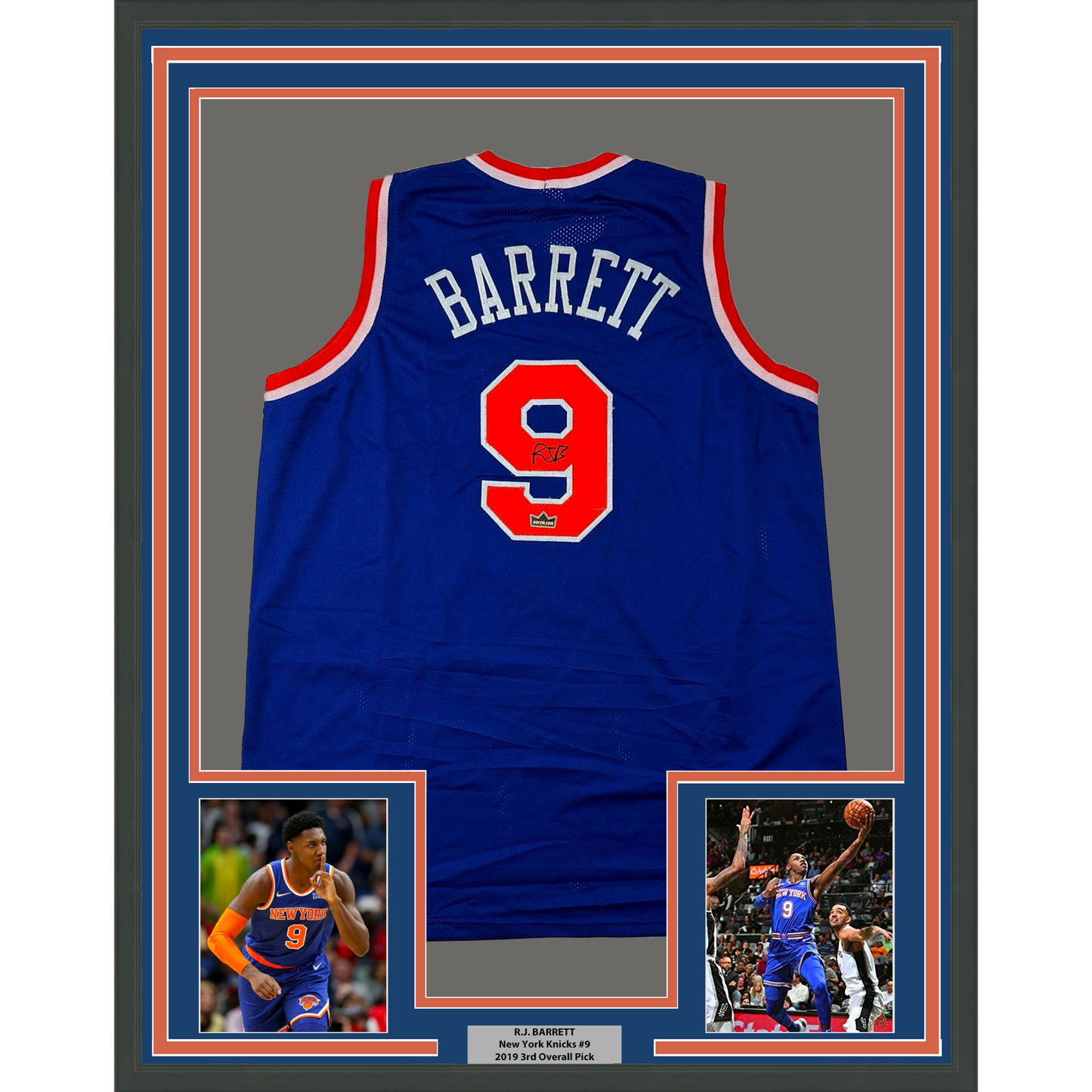 Framed Facsimile Autographed RJ R.J. Barrett 35x39 New York Blue Reprint Laser Auto Basketball Jersey