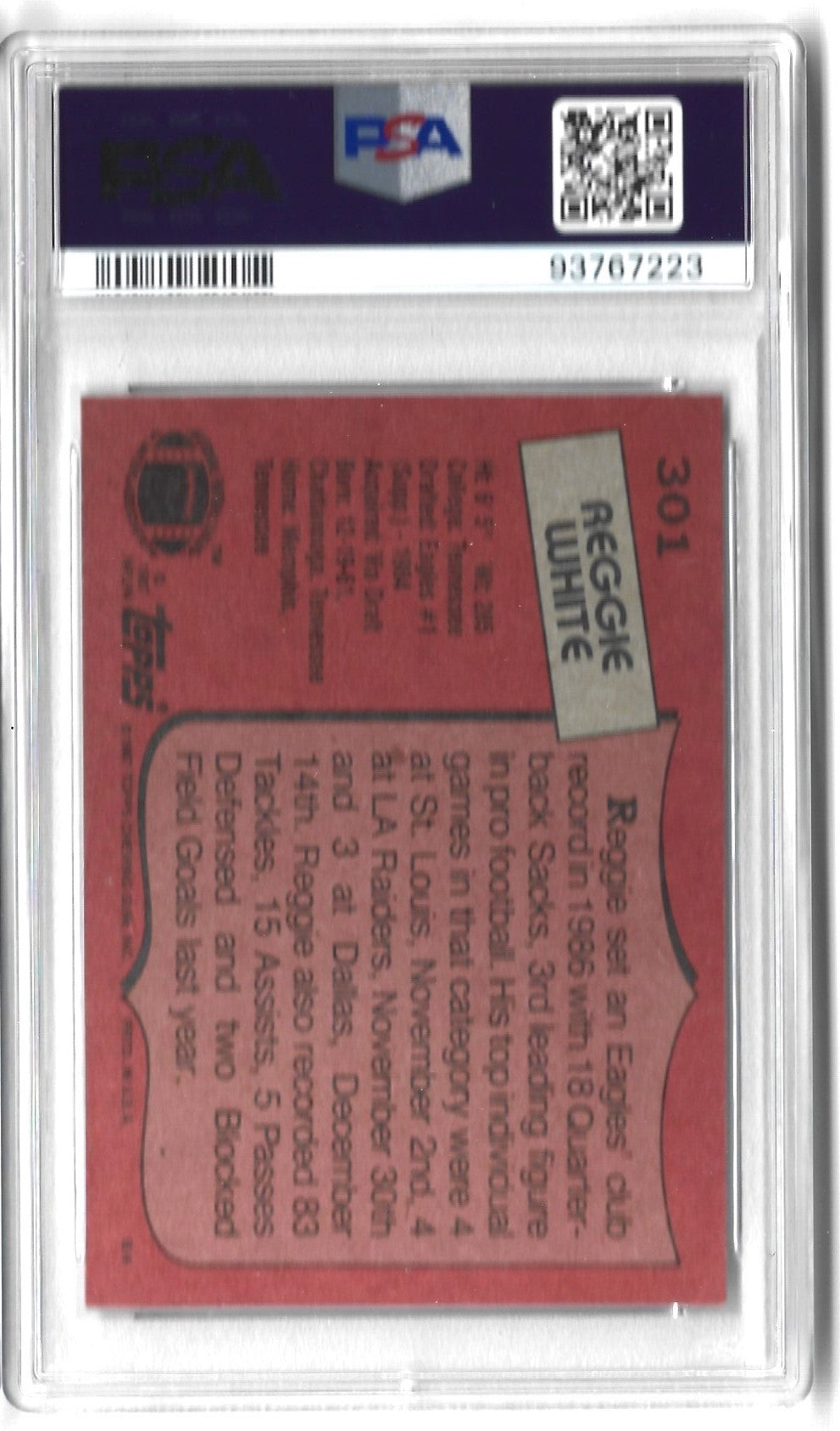 Graded 1987 Topps Reggie White #301 2nd Year Football Card PSA 8 NM-MT