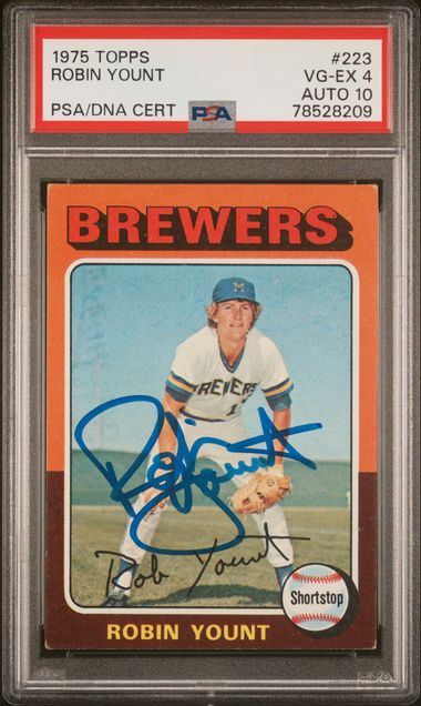 Graded 1975 Topps Robin Yount #BREWERS Autographed Rookie RC Baseball Card PSA 10 Auto