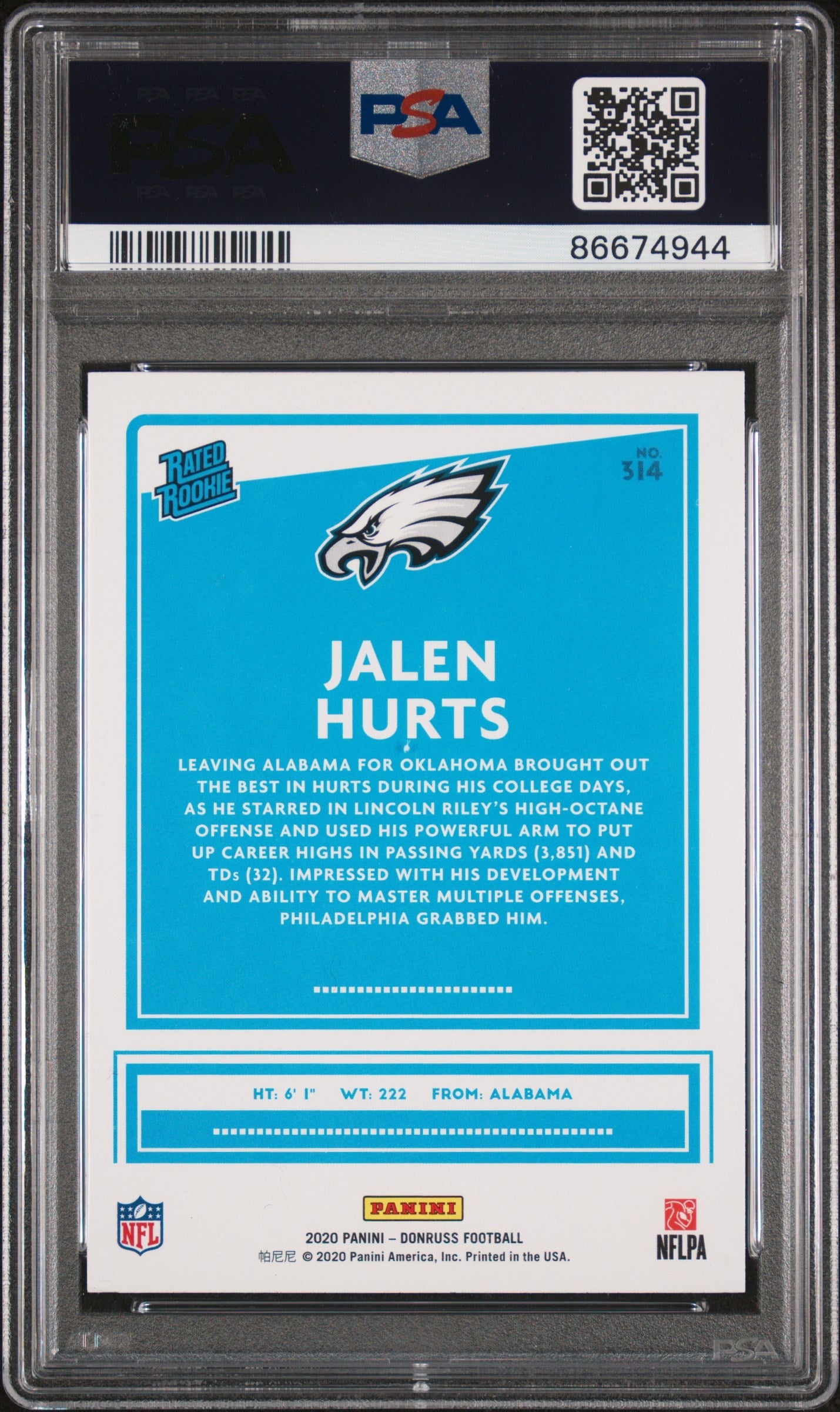 Graded 2020 Panini Donruss Jalen Hurts #314 Rookie RC Football Card PSA 5 EX