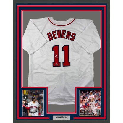 Framed Facsimile Autographed Rafael Devers 35x39 Boston White Reprint Laser Auto Baseball Jersey
