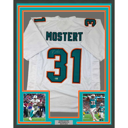 Framed Autographed/Signed Raheem Mostert 35x39 Miami White Football Jersey Beckett BAS COA