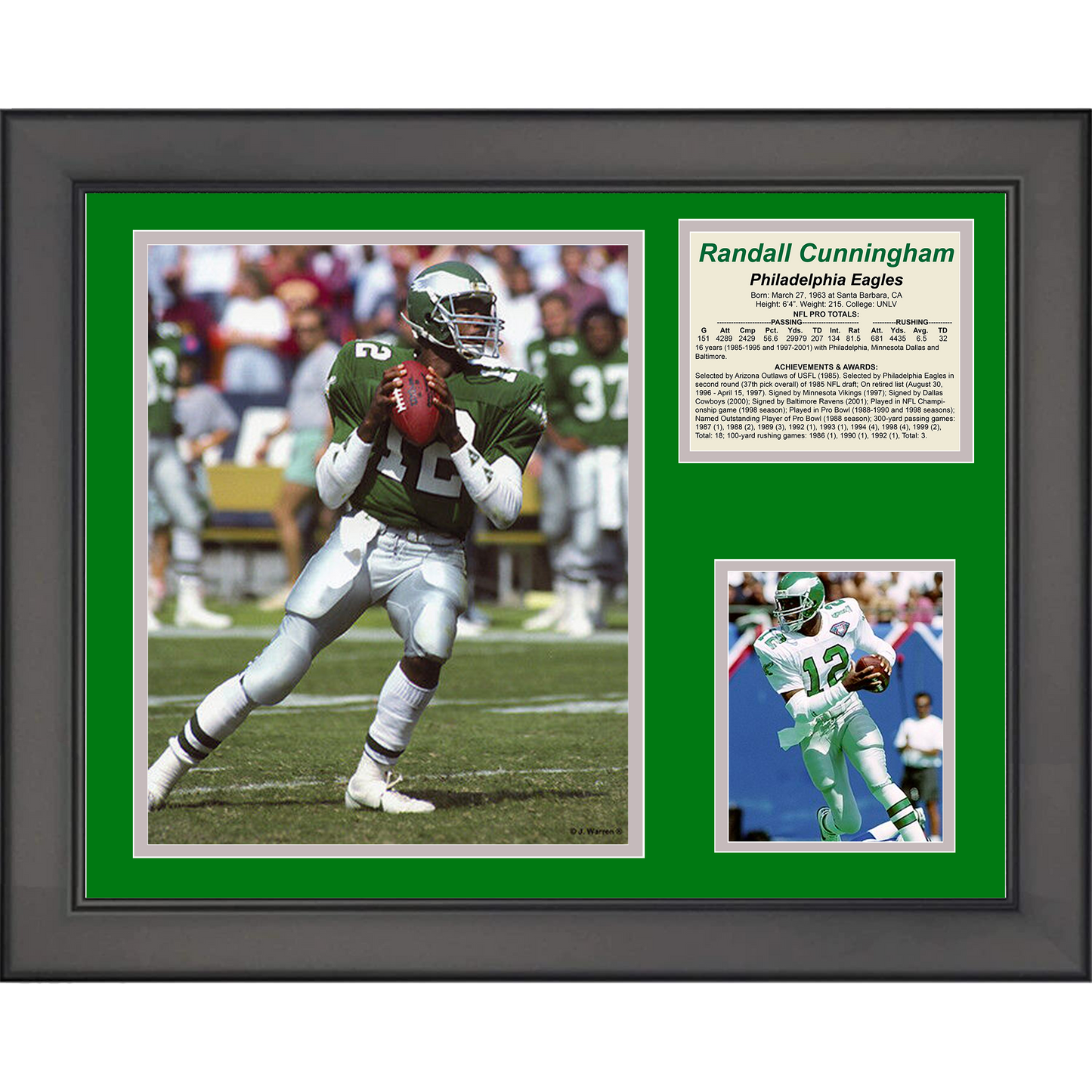 Framed Randall Cunningham Philadelphia Eagles Football 11"x14"Three Photo Collage